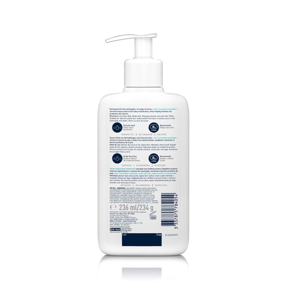 Cerave - Blemish Control, Gel Limpiador Para Acné Y Piel Grasa, Reduce El Acné, Puntos Negros Y Mejora Los Poros, Tratamiento En Gel Con Ácido Salicílico, 473 Ml